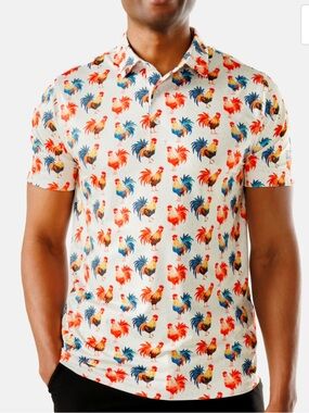 Waggle Short-Sleeve Rooster Print golf Polo Shirt - Cream/Multicolor size L